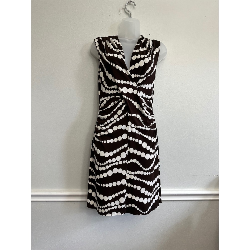 OXOXO Collection Brown White Polka Dot Wavy Geometric Ruched V-Neck Dress Sz S
